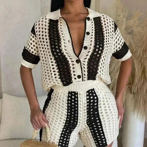 Black Casual Women's Hollow Out Vacation Sweater And Shorts Set